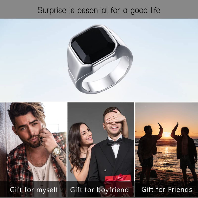 MEALGUET Stainless Steel Ring for Men : Fashion Square Signet Ring with Black Agate for Men, Gemstone Ring for him, Handsome Jewelry Gift for Men Size 6 - Image 5