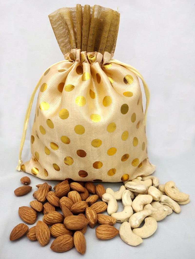 3A FEATURETAIL Fabric 17Cm X 24Cm Large Polka Dot Drawstring Bags Pouches Potli For Gift Wedding Jewelry Packaging Bridal Favors For Women (10Pc Set, Cream Color With Golden Dot) - Image 2