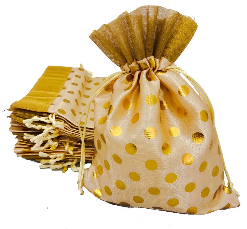 3A FEATURETAIL Fabric 17Cm X 24Cm Large Polka Dot Drawstring Bags Pouches Potli For Gift Wedding Jewelry Packaging Bridal Favors For Women (10Pc Set, Cream Color With Golden Dot) - Image 1