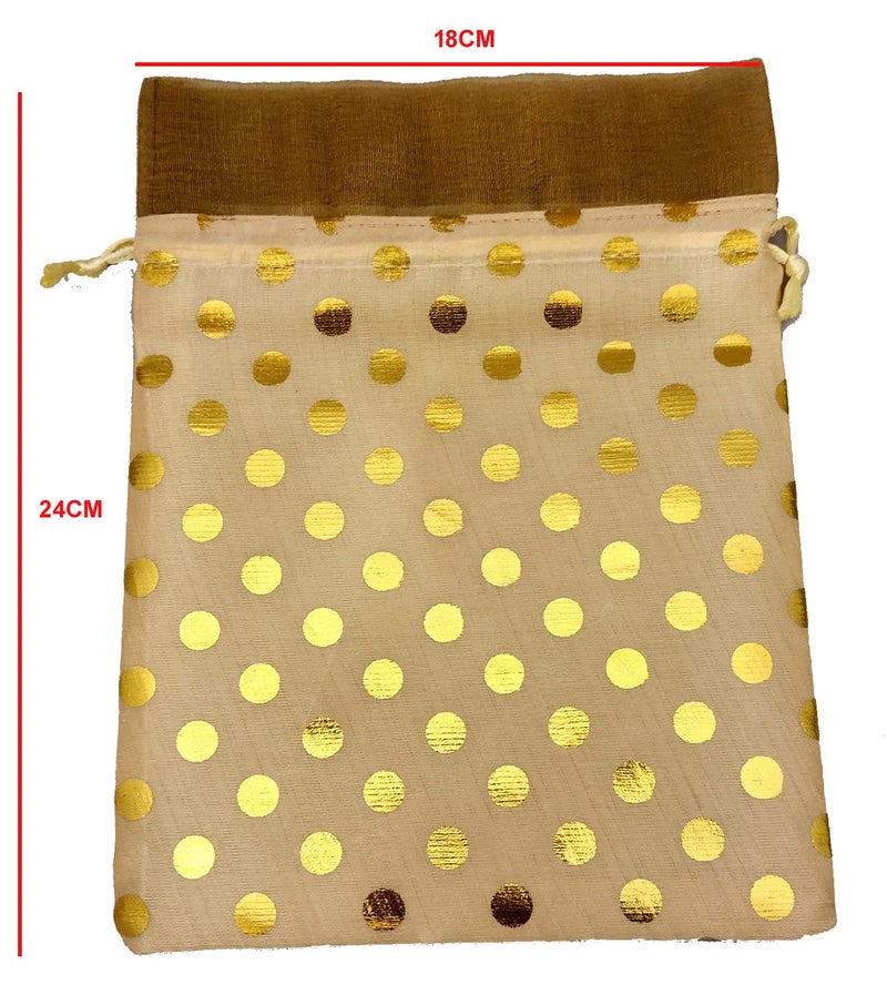3A FEATURETAIL Fabric 17Cm X 24Cm Large Polka Dot Drawstring Bags Pouches Potli For Gift Wedding Jewelry Packaging Bridal Favors For Women (10Pc Set, Cream Color With Golden Dot) - Image 3