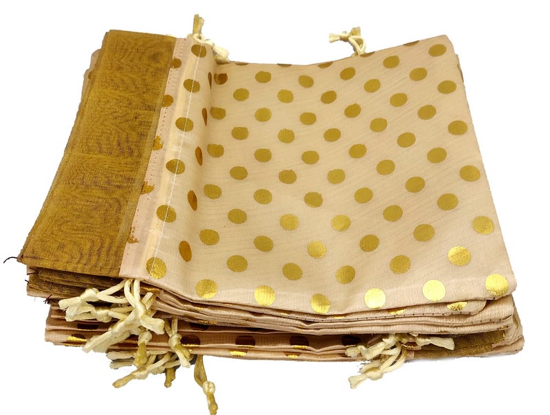 3A FEATURETAIL Fabric 17Cm X 24Cm Large Polka Dot Drawstring Bags Pouches Potli For Gift Wedding Jewelry Packaging Bridal Favors For Women (10Pc Set, Cream Color With Golden Dot) - Image 4