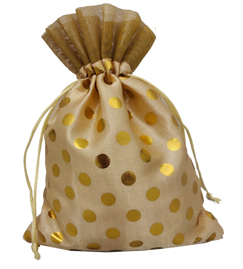 3A FEATURETAIL Fabric 17Cm X 24Cm Large Polka Dot Drawstring Bags Pouches Potli For Gift Wedding Jewelry Packaging Bridal Favors For Women (10Pc Set, Cream Color With Golden Dot) - Image 5