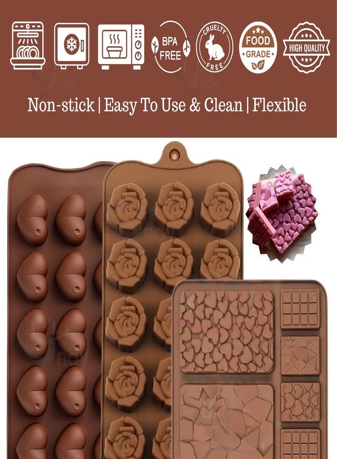 Undy Chocolate Mould Silicone Rose Heart Break Apart Bars Shape Chocolate Mould for Chocolate Making Multipurpose Jelly Ice Cubes Cake Decoration Tools, 3 PCS, Brown - Image 3