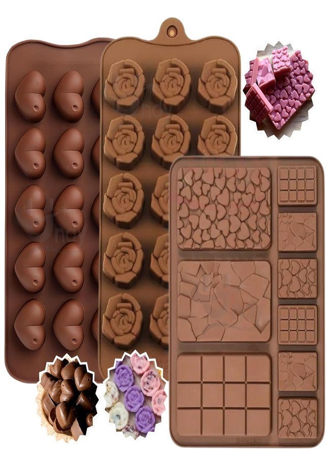 Undy Chocolate Mould Silicone Rose Heart Break Apart Bars Shape Chocolate Mould for Chocolate Making Multipurpose Jelly Ice Cubes Cake Decoration Tools, 3 PCS, Brown - Image 1