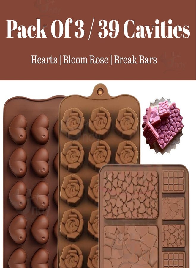 Undy Chocolate Mould Silicone Rose Heart Break Apart Bars Shape Chocolate Mould for Chocolate Making Multipurpose Jelly Ice Cubes Cake Decoration Tools, 3 PCS, Brown - Image 2