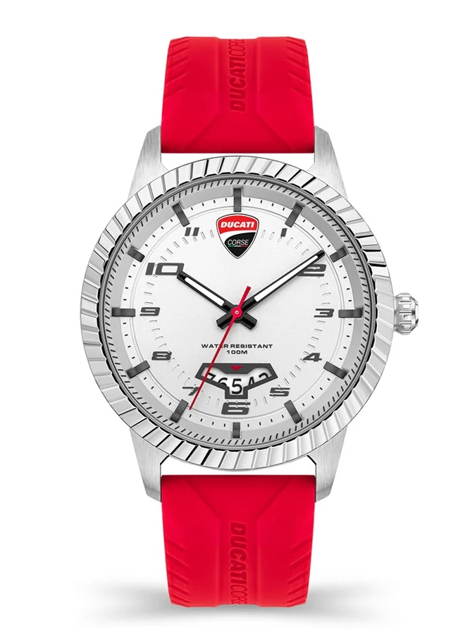 دوكاتي كورس بوديو ساعة يد بعقارب للرجال مينا بيضاء وسوار سيليكون أحمر ٤٤ مم