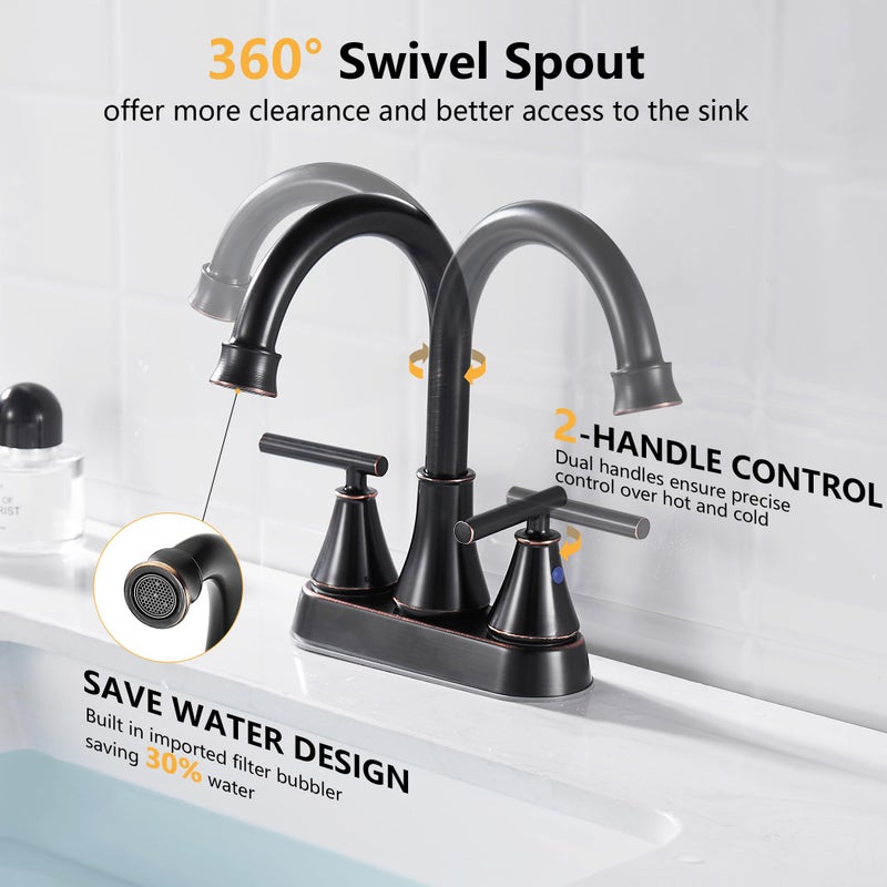 Fransiton Bathroom Sink Faucet 4 Inch 2 Handle Centerset Oil Rubbed Bronze Lead-Free Modern Bathroom Faucet Vanity Faucet With Pop-Up Drain Stopper And Supply Hoses - Image 2