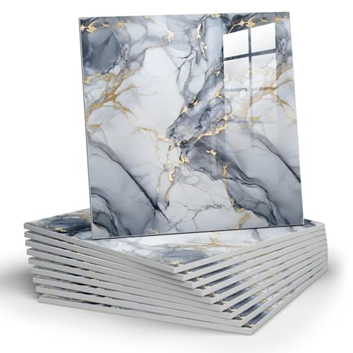 Chejiaye 10pcs Marble Peel and Stick Backsplash Waterproof Washroom Wall Panels, Peel and Stick Tile, PVC Foam Wall Panels for Kitchen,Bathroom,Living Room,Blue and Gold(Not Real Tile,11.8" x 11.8") - Image 1