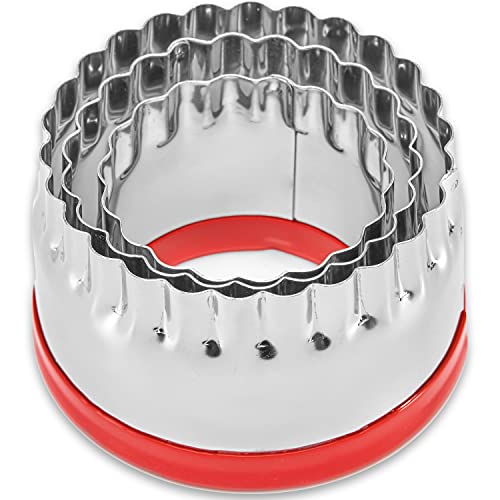 COOKIEQUE 3Pcs Fluted Round Cookie Cutters - 2" & 2.6" & 3", Heavy Duty Food-Grade Stainless Steel, Mini Biscuit Cutter, Unique Design with Protective Red Top PVC - Image 1
