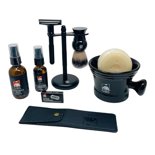 GBS Mens Shaving Set HeavyDuty Adjustable Double Edge Safety Razor and Shave Mug Natural Soap Blades Shaving Brush and Razor Stand After Shave Balm PreShave Oil