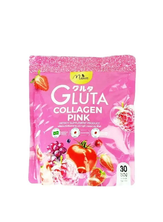 Manee Gluta Collagen Pink Beauty Supplement – Collagen Peptides + Glutathione for Skin Glow, Elasticity & Hydration | Berry Flavor Drink Sachets 30 Pack - Image 1