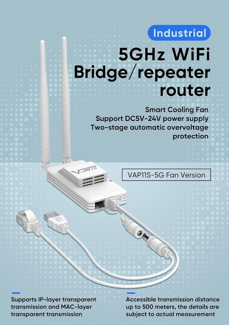 Vonets Industrial 5GHz WiFi Bridge/Mini Router/WiFi to Ethernet/Signal Range Cover, 2 RJ45 Ports for Monitoring, PLC, AGV, Medical Device with 12V/1A Power Adapter VAP11S-5G-fan - Image 2