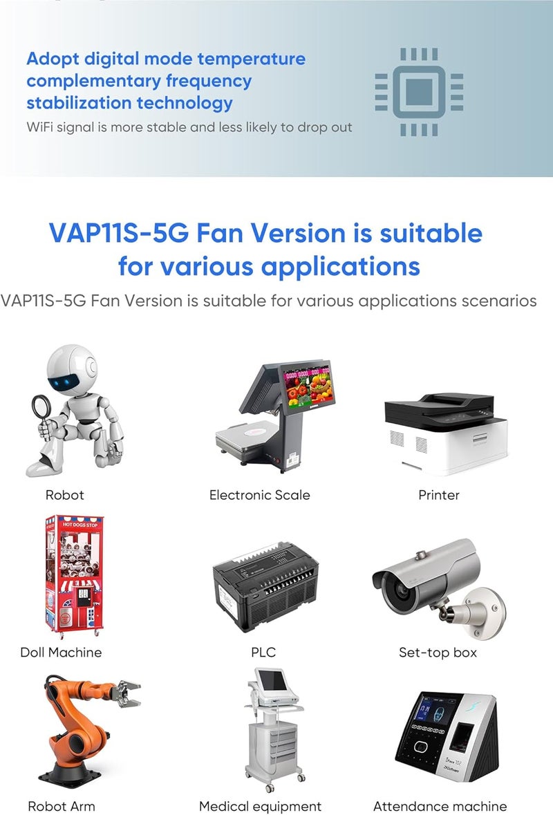 Vonets Industrial 5GHz WiFi Bridge/Mini Router/WiFi to Ethernet/Signal Range Cover, 2 RJ45 Ports for Monitoring, PLC, AGV, Medical Device with 12V/1A Power Adapter VAP11S-5G-fan - Image 5