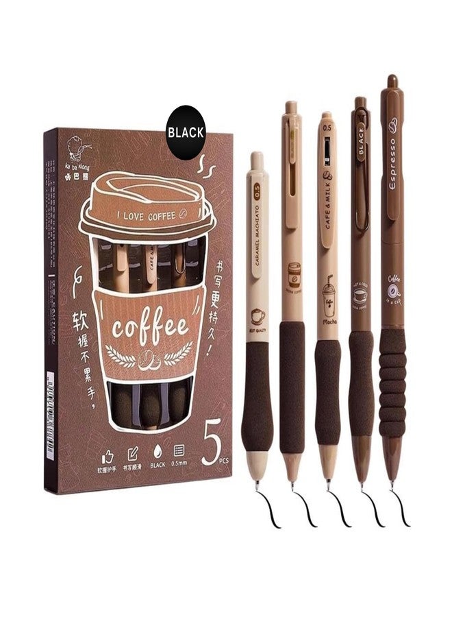 FINEMOE Set of 5 Coffee Theme Gel Pens for Writing, 0.5mm Black Ink Aesthetic Pen with Soft Grip, Cute Kawaii Stationery for Girls & Boys, School Office Use, Return Gift for Kids (Black) - Image 1