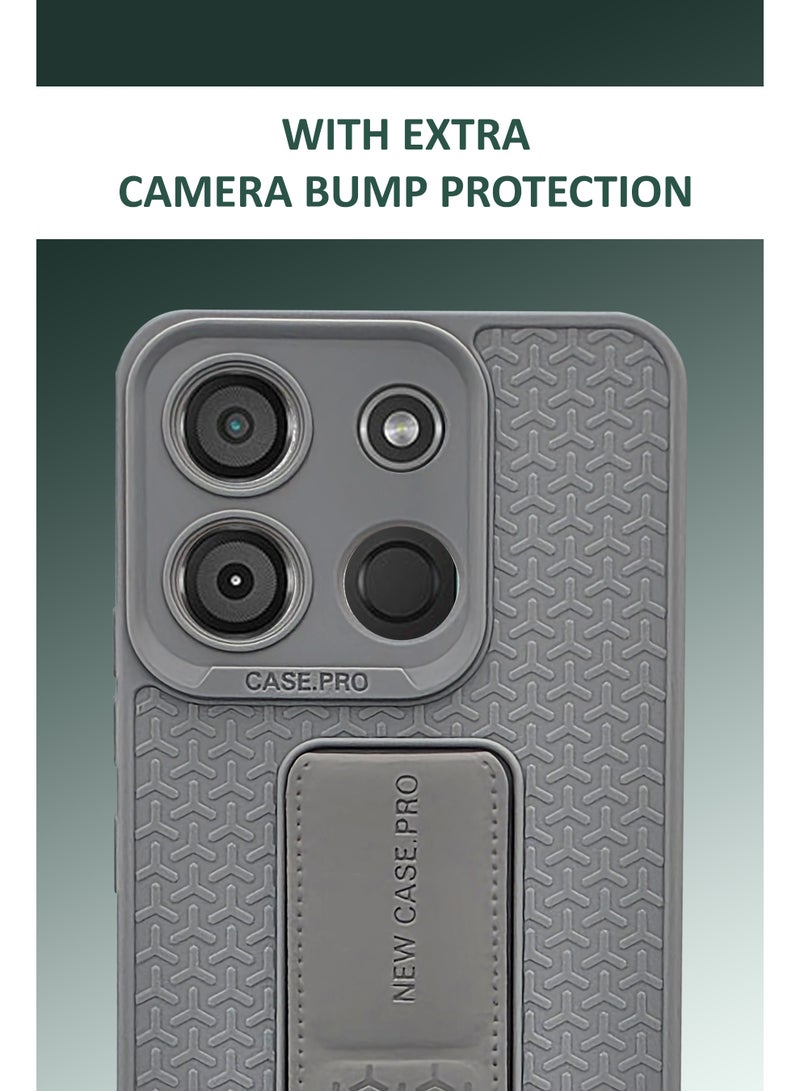 GMATE Itel A60 - Semi Soft Silicone Magnetic Back Stand Case  With Foldable Kickstand & Finger Strap  - Grey - Image 3