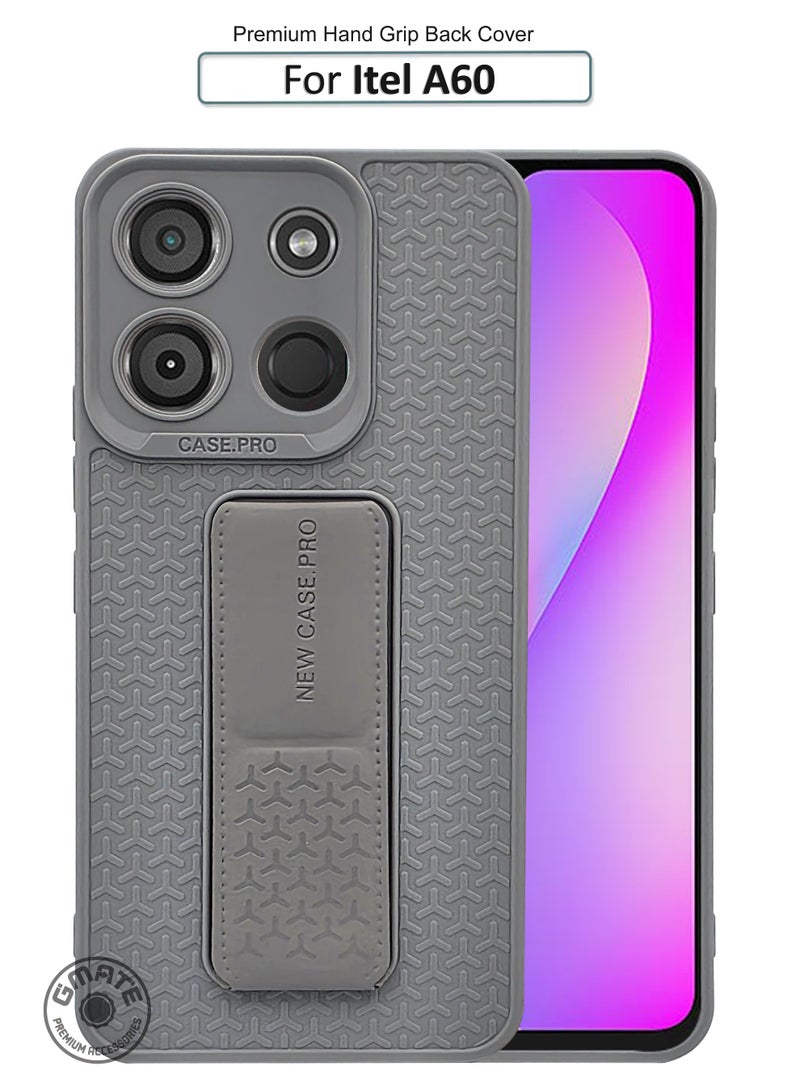 GMATE Itel A60 - Semi Soft Silicone Magnetic Back Stand Case  With Foldable Kickstand & Finger Strap  - Grey - Image 1
