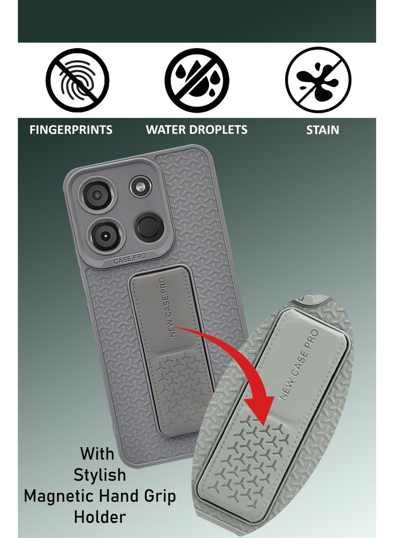 GMATE Itel A60 - Semi Soft Silicone Magnetic Back Stand Case  With Foldable Kickstand & Finger Strap  - Grey - Image 4
