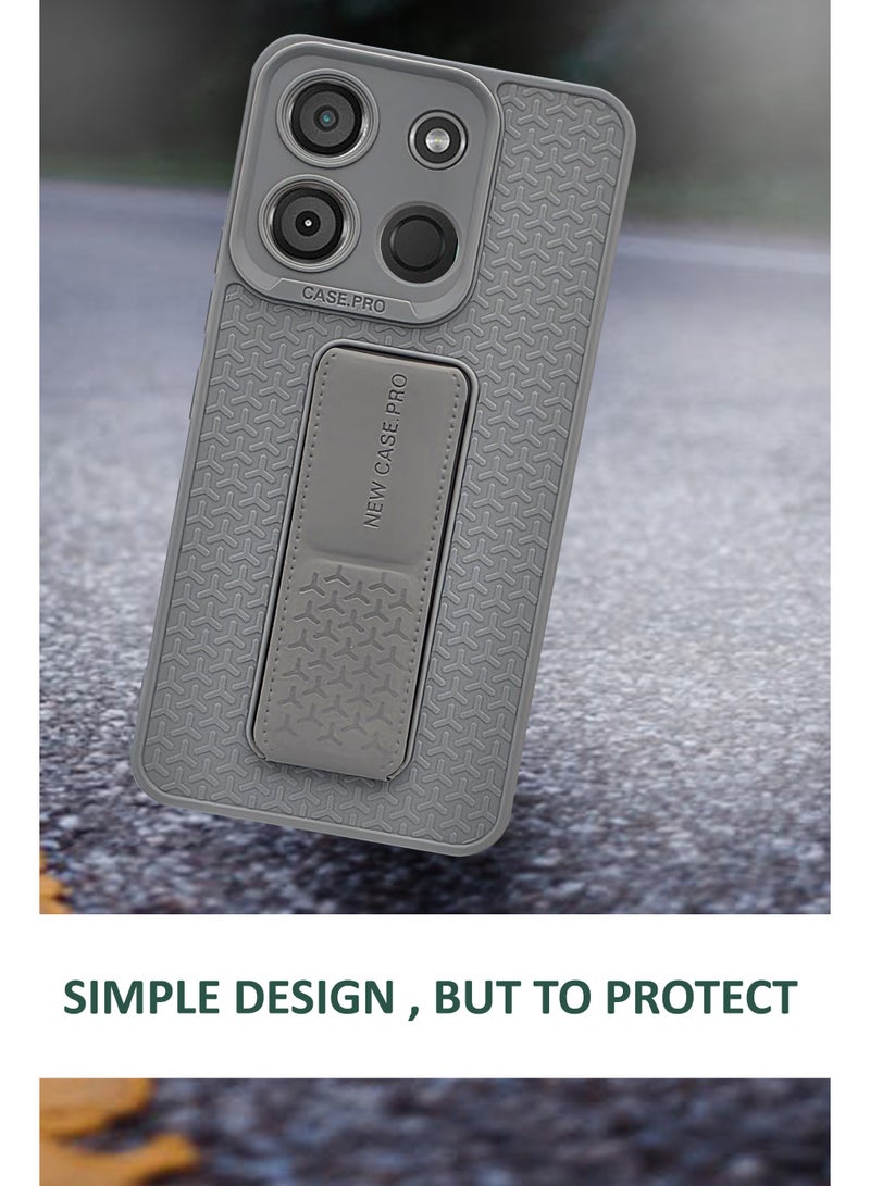 GMATE Itel A60 - Semi Soft Silicone Magnetic Back Stand Case  With Foldable Kickstand & Finger Strap  - Grey - Image 2