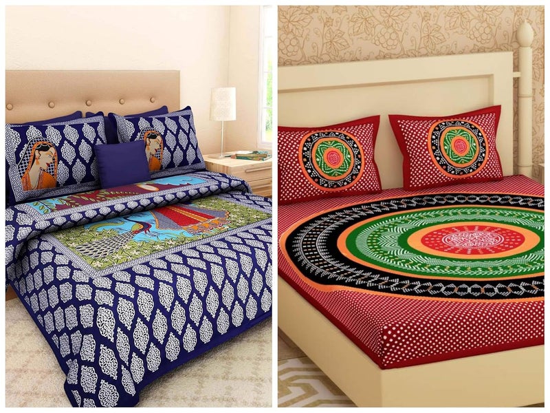 Ealth Kart 144 TC Jaipuri Cotton Printed Combo Set of 2 Double Bedsheet with 4 Pillow Covers Multicolour
