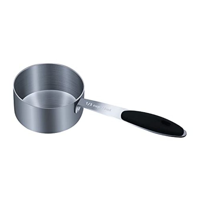 LEIFENY 1PCS 1/3Cup (79ml, 2.7oz) Single Measuring Cup with Black Silicone Grip, Stainless Steel Individual Measure Scoop Only