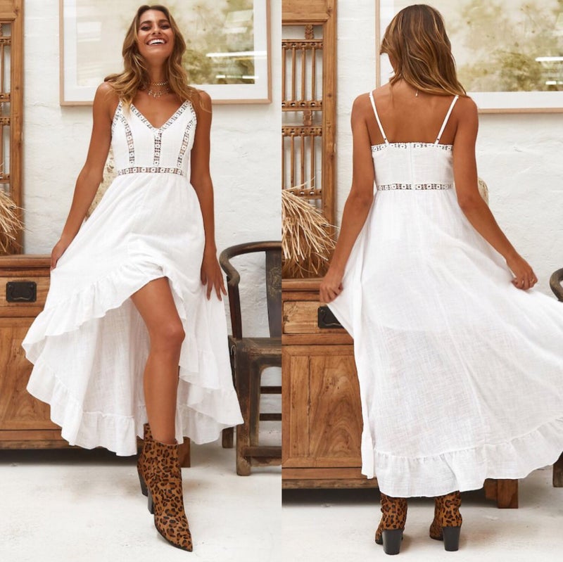 2021 Europe and the United States new sling v-neck sexy hollow stitching lace waist dress white XL - Image 2