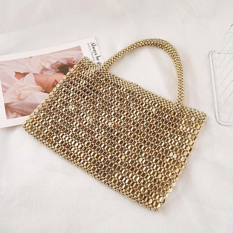 Portable Pearl Bag Womens 2023 New French Niche Design Small and Exquisite Handmade Simple Handbag Gold - Image 1