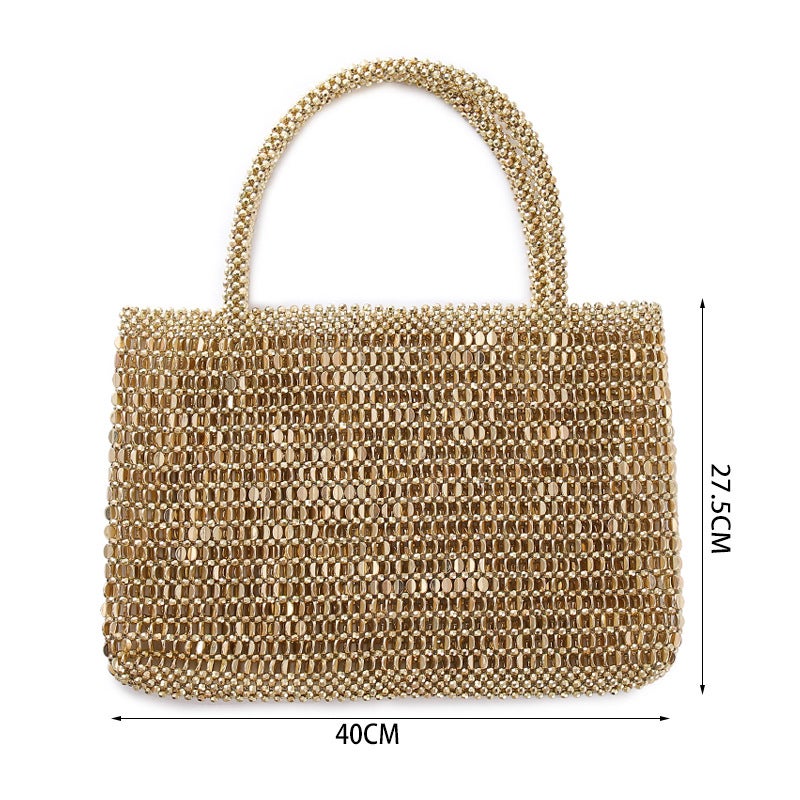 Portable Pearl Bag Womens 2023 New French Niche Design Small and Exquisite Handmade Simple Handbag Gold - Image 3