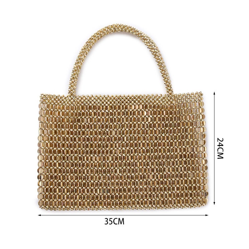 Portable Pearl Bag Womens 2023 New French Niche Design Small and Exquisite Handmade Simple Handbag Gold - Image 4