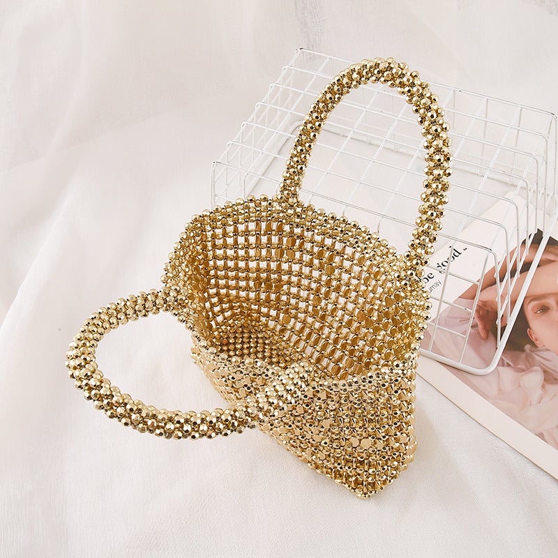 Portable Pearl Bag Womens 2023 New French Niche Design Small and Exquisite Handmade Simple Handbag Gold - Image 2