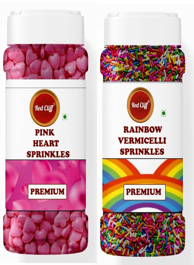 RED CLIFF Edible Pink Heart+Rainbow Vermicelli Shape Sprinkles | Metallic Dessert Toppings for Cakes, Cupcakes, Ice Cream & Sweets | Edible Decorative Sugar Sprinkles | Ideal for Baking & Festive Garnishing | 100gx2 | Pack of 2 - Image 1
