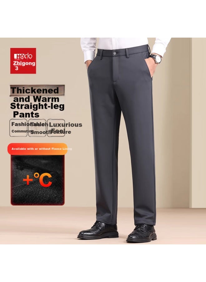 Hodo Men's Casual Pants Autumn Winter Long Trousers Straight Loose Fleece Lined Warm Business Wrinkle-resistant Stretch Suit Pants - Image 4