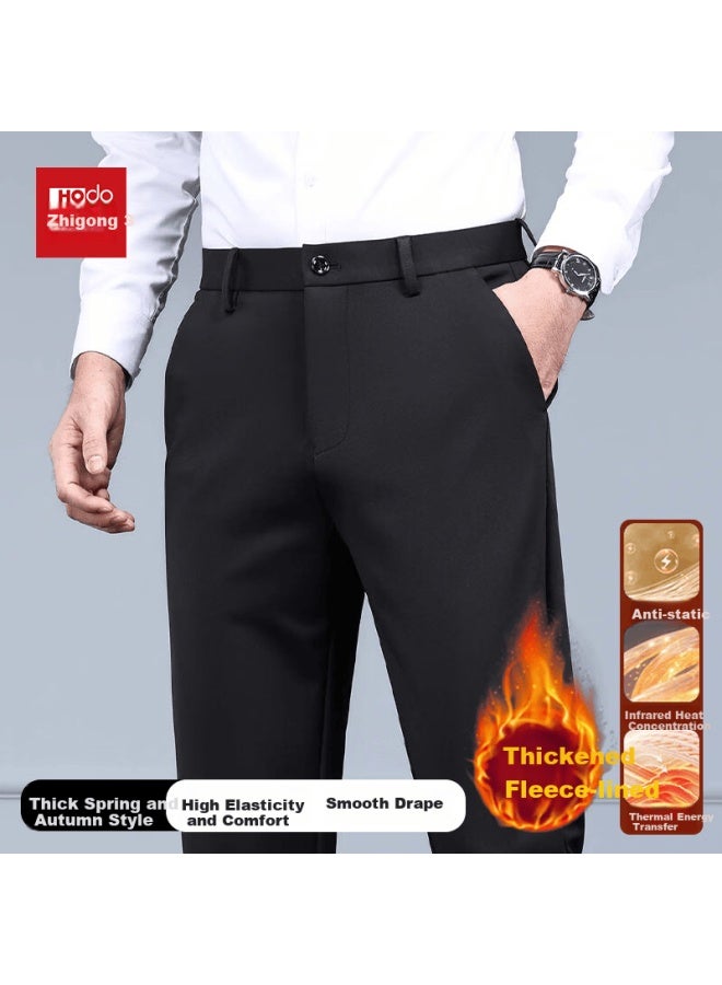 Hodo Men's Casual Pants Autumn Winter Long Trousers Straight Loose Fleece Lined Warm Business Wrinkle-resistant Stretch Suit Pants - Image 2