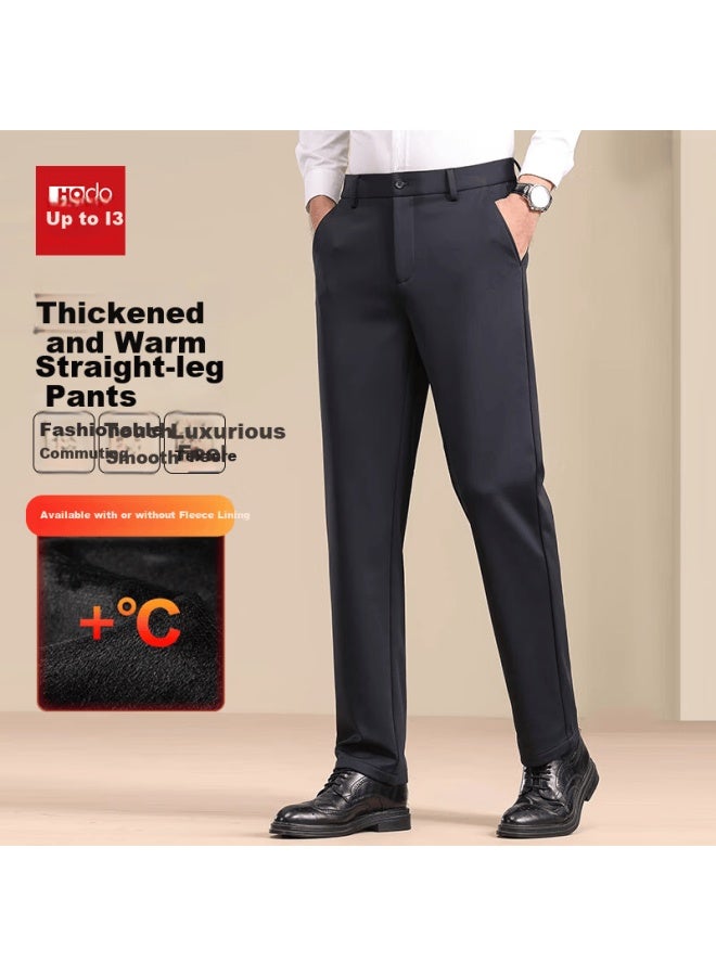 Hodo Men's Casual Pants Autumn Winter Long Trousers Straight Loose Fleece Lined Warm Business Wrinkle-resistant Stretch Suit Pants - Image 1
