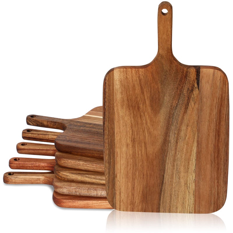 Hoolerry 6 Pcs Wood Cutting Board with Handle 14 x 8 Inch Pizza Serving Board Natural Wooden Pizza Peel Large Pizza Paddle Spatula Charcuterie Peel for Kitchen Baking Oven Accessory Acacia Wood