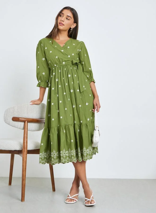 Olive Embroidered Midi Dress with 3/4 Sleeves