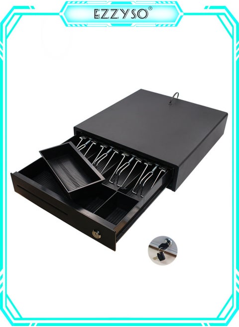 Cash Register Drawer, POS Cash Drawer with Removable Coin Tray, 4 Bills 3 Coin Compartment, 12V RJ11 Compatible, Heavy Duty Black Cash Tray with Key Lock