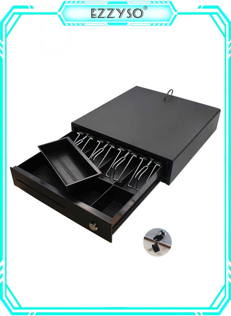 Cash Register Drawer, POS Cash Drawer with Removable Coin Tray, 4 Bills 3 Coin Compartment, 12V RJ11 Compatible, Heavy Duty Black Cash Tray with Key Lock