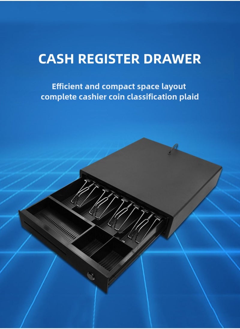 Cash Register Drawer, POS Cash Drawer with Removable Coin Tray, 4 Bills 3 Coin Compartment, 12V RJ11 Compatible, Heavy Duty Black Cash Tray with Key Lock
