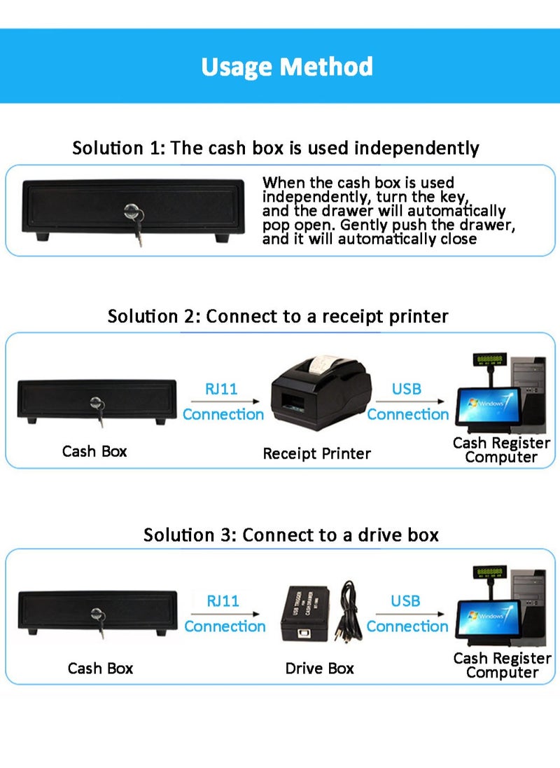 Cash Register Drawer, POS Cash Drawer with Removable Coin Tray, 4 Bills 3 Coin Compartment, 12V RJ11 Compatible, Heavy Duty Black Cash Tray with Key Lock
