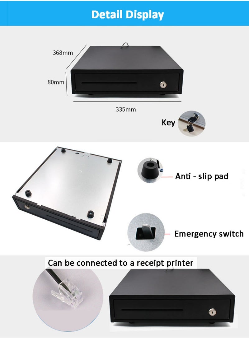 Cash Register Drawer, POS Cash Drawer with Removable Coin Tray, 4 Bills 3 Coin Compartment, 12V RJ11 Compatible, Heavy Duty Black Cash Tray with Key Lock
