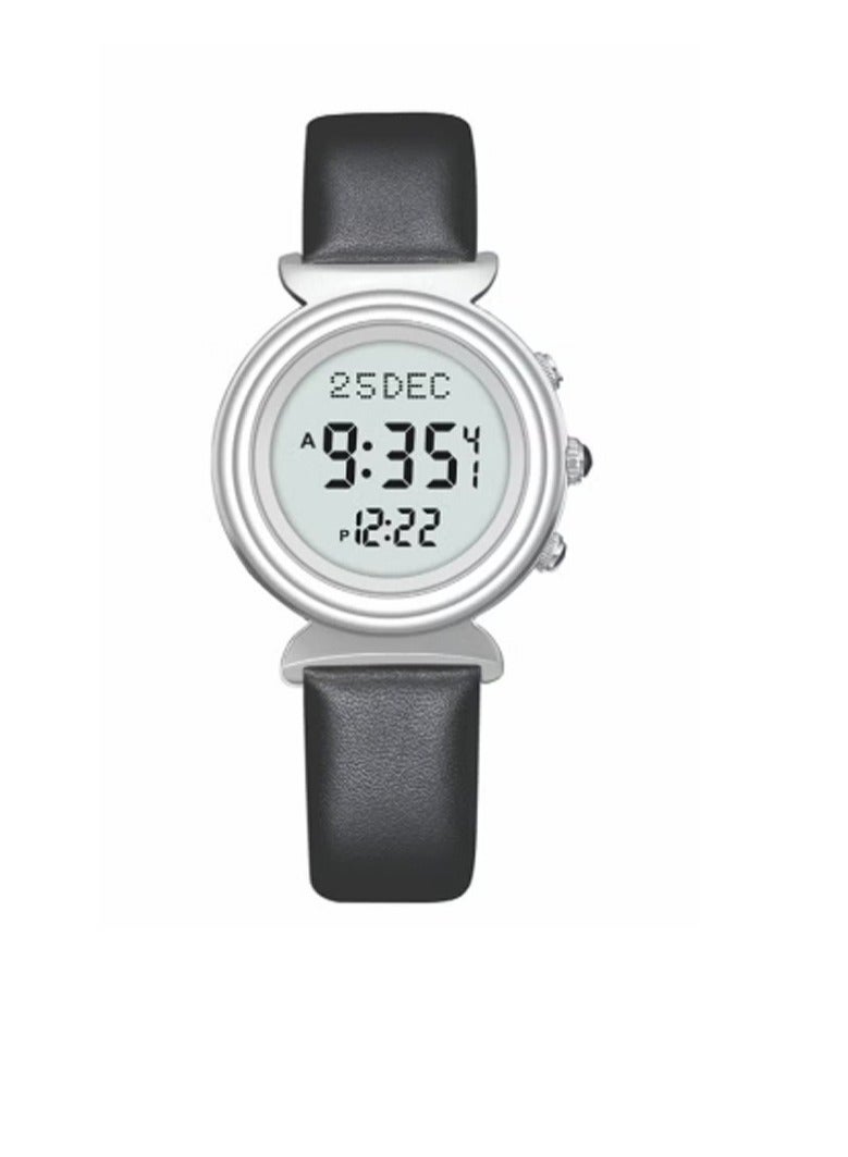 Al Fajr Women's Waterproof Leather Digital Watch - 33mm - Black/Silver WF-14SWL