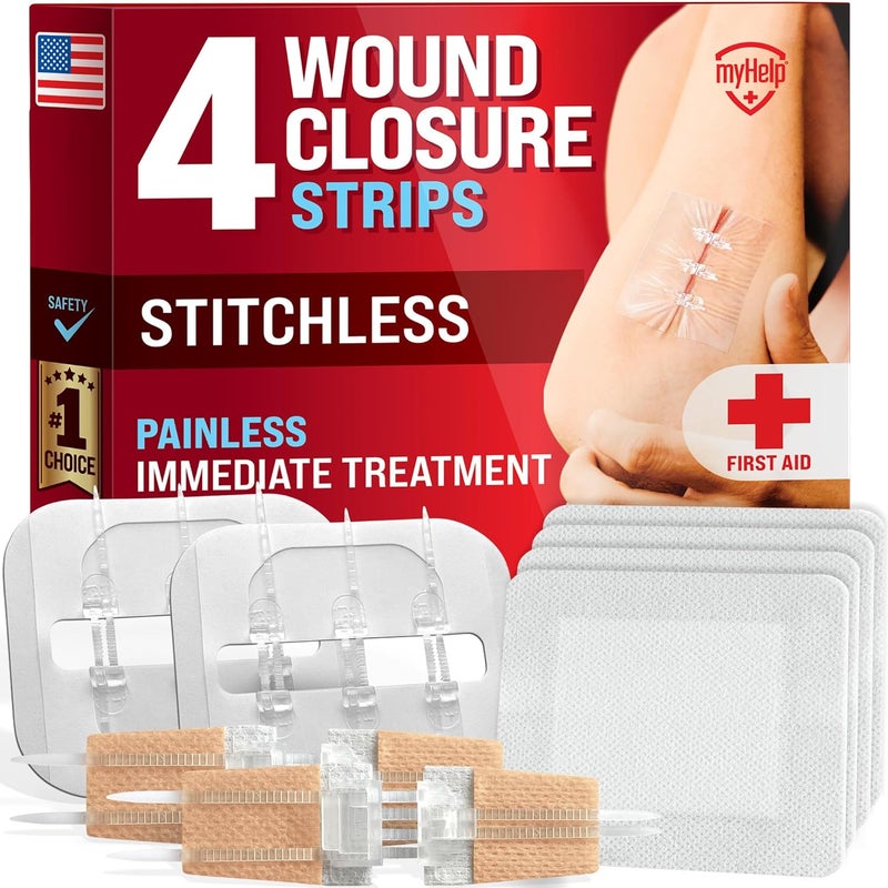MYHELP Emergency Wound Closure Strips  4pk  2 Types Laceration Closure Kit  Stitchless  Easy to Use  Butterfly Bandages - Image 1