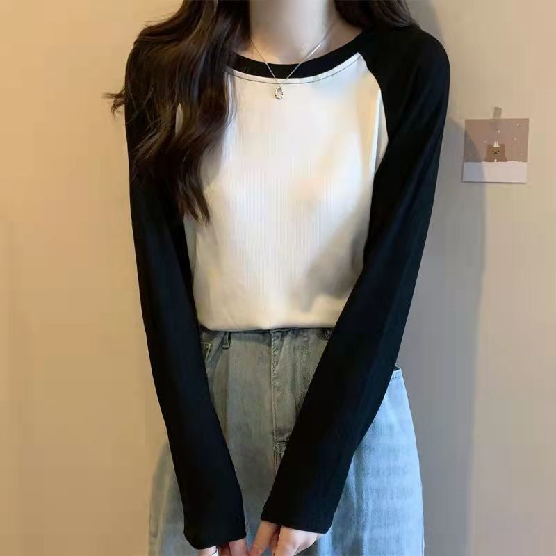Spring and Autumn New Arrival Raglan Sleeve Top for Women ins Fashionable Chubby Girls Retro Inner Base Shirt Loose Stylish Long-Sleeved T-Shirt for Women Black Gray  - Image 3