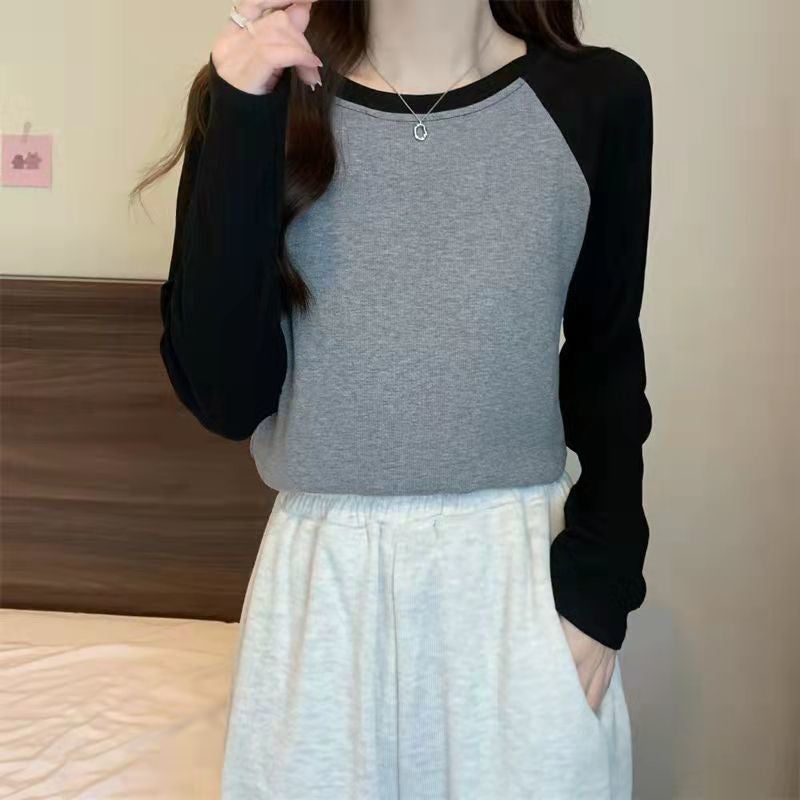 Spring and Autumn New Arrival Raglan Sleeve Top for Women ins Fashionable Chubby Girls Retro Inner Base Shirt Loose Stylish Long-Sleeved T-Shirt for Women Black Gray  - Image 4