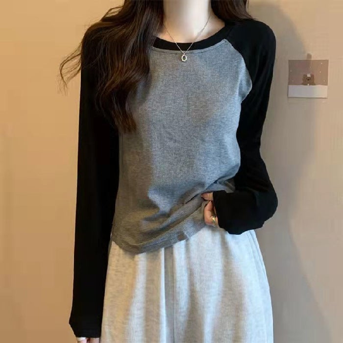 Spring and Autumn New Arrival Raglan Sleeve Top for Women ins Fashionable Chubby Girls Retro Inner Base Shirt Loose Stylish Long-Sleeved T-Shirt for Women Black Gray  - Image 1