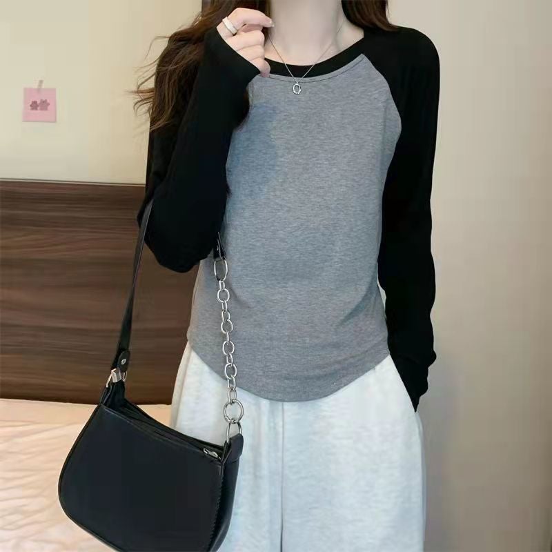 Spring and Autumn New Arrival Raglan Sleeve Top for Women ins Fashionable Chubby Girls Retro Inner Base Shirt Loose Stylish Long-Sleeved T-Shirt for Women Black Gray  - Image 5
