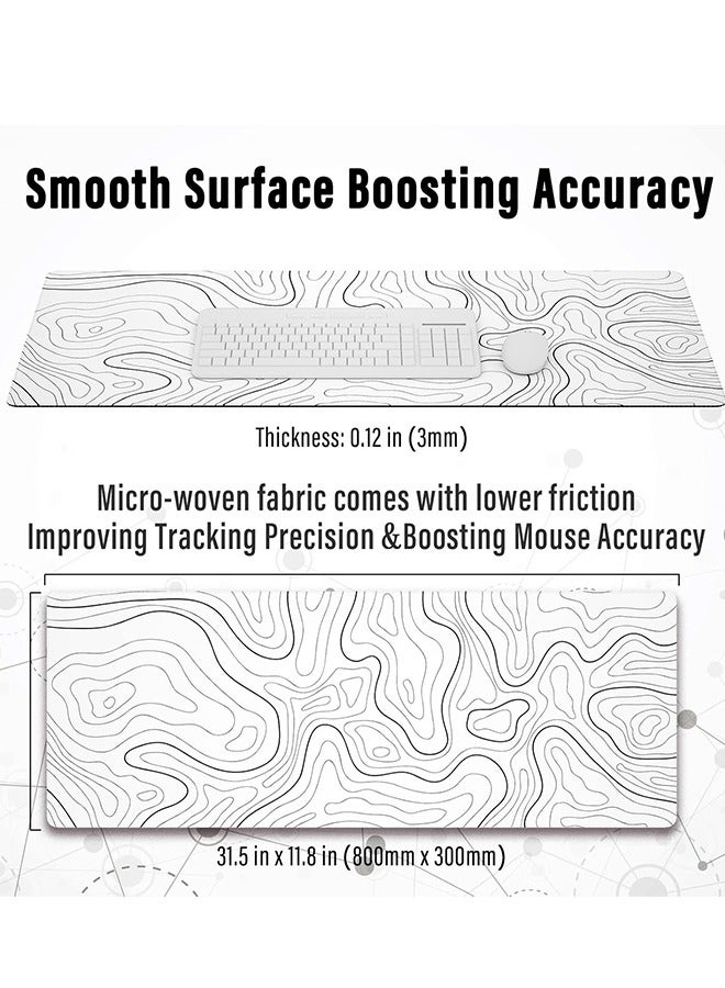 Large Gaming Mouse Pad with Stitched Edges, Minimalist Topographic Map Desk Mat, Extended XL Mousepad with Anti-Slip Base, Cool Desk Pad for Keyboard and Mouse, 31.5 x 11.8 in, White - Image 2