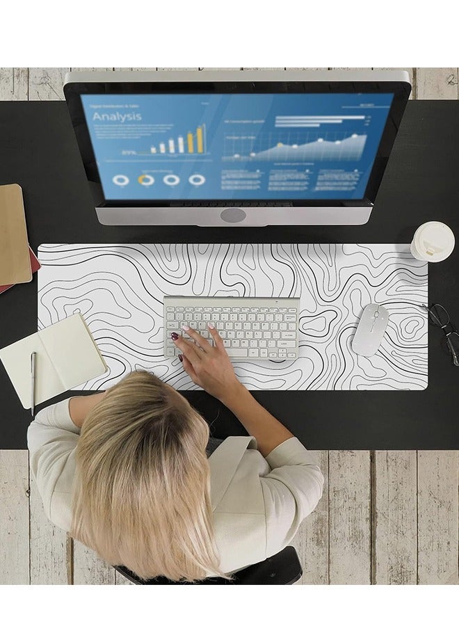 Large Gaming Mouse Pad with Stitched Edges, Minimalist Topographic Map Desk Mat, Extended XL Mousepad with Anti-Slip Base, Cool Desk Pad for Keyboard and Mouse, 31.5 x 11.8 in, White - Image 5