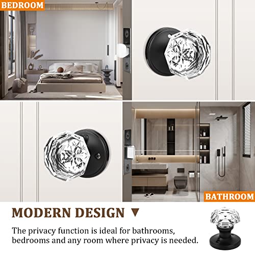 Orger 5 Pack Glass Door Knobs with Flat Black Rosette, Bath/Bed Door Knobs for Privacy Use, Keyless Interior Door Handles with Diamond Shape Crystal Glass and Zinc Alloy Base - Image 2