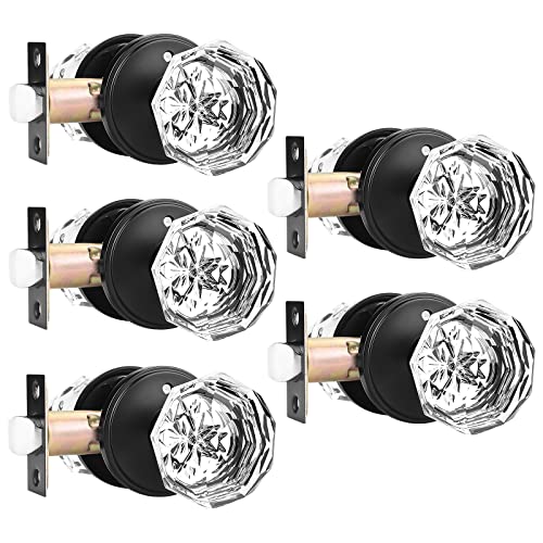 Orger 5 Pack Glass Door Knobs with Flat Black Rosette, Bath/Bed Door Knobs for Privacy Use, Keyless Interior Door Handles with Diamond Shape Crystal Glass and Zinc Alloy Base - Image 1